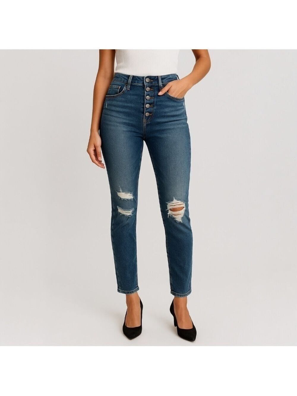 We The Free Blue High Waisted Distressed Button Fly Jeans – Size 30